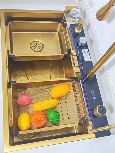 Emika Choice Rainfall Nano Singki Dapur Moden LED Waterfall Kitchen Sink Gold 304 Stainless Steel