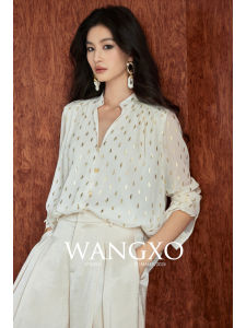 WANGXO | Áo Blouse Lụa Họa Tiết Lá Vàng Đứng Cổ Nhỏ Form Rộng