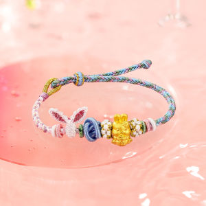 ZHOU LIU FU 周六福 24K Solid Gold Bracelet for Women Real Pure Gold Jewelry Golden Ball Dainty Flower Lucky Rabbit Pink Blue Braided Bracelet for Men Teen Girls