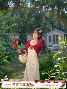 Red Floral Print Halter Dress Womens Summer Short Skirt Waist Cinched Adjustable Strap Polyester Fabric Pure Desire Style