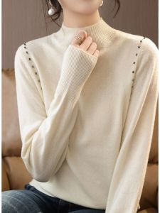ฤดูใบไม้ร่วง ฤดูหนาว เสื้อสเวตเตอร์แคชเมียร์ ผู้หญิงสีทึบลูกปัดถักแขนสั้นแขนยาว หลากหลาย สบาย สไตล์เกาหลี ชุดสํานักงาน