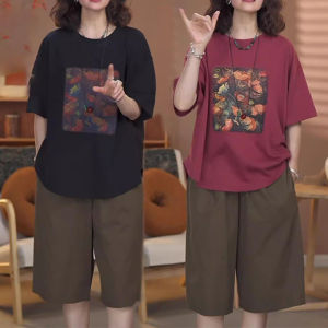 plus Size Casual Womens Set European Style Pear Shape Belly Cover Loose Slimming Summer Outfit Two-Piece Polyester round Neck Sleeve-Length Medium