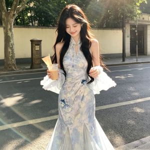 CHANGTONG | Printed Two-piece Pinafore Cheongsam-style Dress