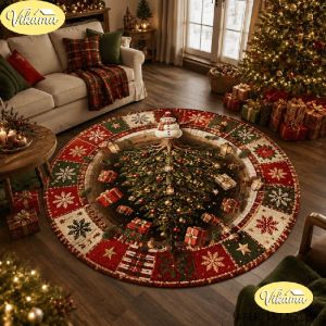 Thảm Tròn Hình Người Tuyết Cây Thông Noel 3D VIKAMA - Thảm Trải Sàn Trong Nhà Cỡ Lớn Cho Phòng Khách Trang Trí Nhà Cửa Ngày Lễ Chống Trơn Trượt Chống Thấm Nước Chất Liệu Polyester