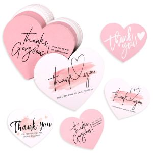 50/100PCS Thank You Cards for Support My Small Business Paper Cards Pink Love Heart Shaped Thank You Tags Gift Greeting Card Set