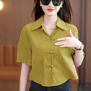 Retro Chiffon Shirts Women Short Sleeve 2024 New Design Chinese Style Puff Sleeve Plain Short Tops Lapel Chiffon Blouse