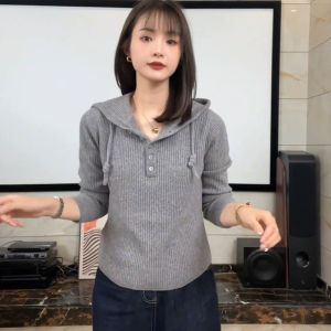 Autumn Winter Womens Slim Fit Knitted Hat Long Sleeve Base Shirt Commute Style Comfortable Soft Medium Thickness Korean Version