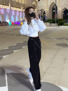 Spring Autumn Casual Fashion Set Womens Pure Color Short Waist Sweatshirt Wide Leg Pants Two Piece Set Youthful Style Cotton