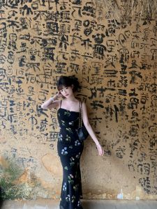 Black Floral Print Designer Fish Tail Long Skirt Womens Waist Cinched Street Style Pure Color Spring Season Other 100% Material