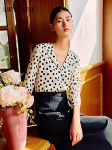 Elegant Vintage Polka Dot Turn-Down V-neck Silk Blouse