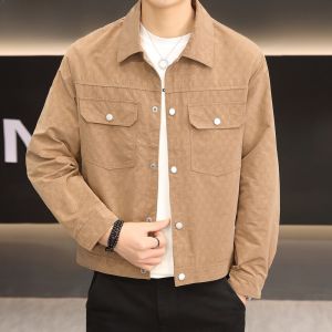 HENGYUANXIANG | Slim Fit Printed Collar Jacket For Men Spring Autumn Fashion Casual Polyester Fiber High End Outerwear Youth Style Button Decor