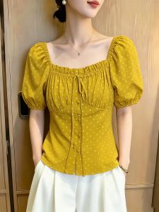 SHUAIYUE | Áo Blouse Pháp Kiểu Bong Bóng Chấm Bi Màu Đa Dạng Tay Ngắn