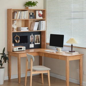 YUANSHI YUANSU | Solid Wood Corner Desk Bookshelf Combo