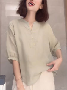 QINGNAER | Five-Eights Sleeve V-Neck Plus Size Minimalist Summer Blouse