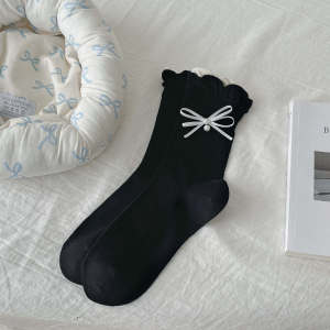 Pure Cotton Pearl Lace Socks with Butterfly Knots Mid-Calf No-Cuff Summer Miu Style Grey Bubble Open-Toe Ballet Flavored Socks