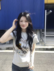 Gray Animal Print Pure Cotton Shoulder Short-Sleeved T-shirt Female Summer Silm Slim Looking Easiest for Match Short Bottoming Shirt Tops