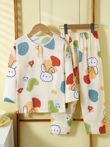 Summer Childrens Cotton Silk Sleepwear Girls Air Conditioning Suit Thin Home Clothes Set for Girls And Boys round Neck Long Sleeve