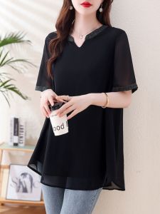 Belly-Covering Chiffon Shirt Summer plus Size Womens Clothes Plus Size Ladies Retro Mid Length Long Length Loose Short Sleeve Shirt Top 100.00kg