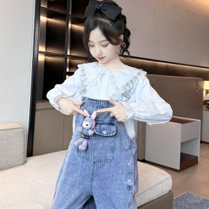 Girls Denim Overalls Spring Autumn Loose Cotton Long Pants High Waist Rope Closure Korean Style Fashionable Trendy Outfit