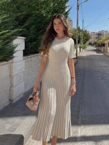 Ladies Knitted Short Sleeve Pleated Long Dress Fashion Spring Summer Women Dress Hip Package O Neck Female Vestidos