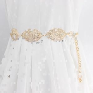 Leaf Shaped Hollow Metal Chain Belt for Women Elegant Gold Silver Color Ladies Waistband Fashion Dress Waist Belt Fashion Simple Chain Belt Women Lady High Waist Gold Belts Waistband for Party Jewelry Dress Metal Chain Belt