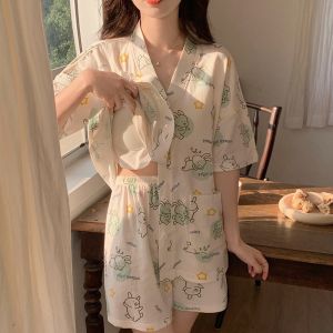 Ruige Pajamas with chest pads womens summer 2024 new short-sleeved shorts summer V-neck cardigan large-size loungewear set