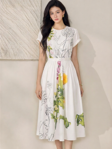 Roey s house | Round Neck Waist-accentuating Printed Dress for Summer Office and Vacation Wear Short-sleeve A-line Midi