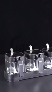 KIYO Kotak Tempat Bumbu Dapur Gelas Dengan Sendok / Square Glass Container with Free Spoon