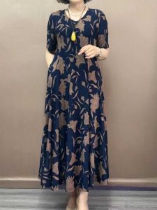 Elegant V-neck Long Dress Womens Summer New Style Floral Print Elastic Loose Waist A-line Skirt Korean Style Commute Dress
