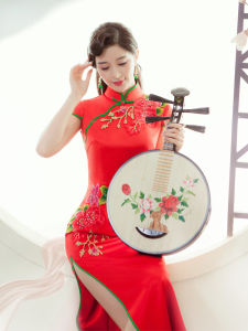 Spring Summer New Style Red Colorful Floral Long Cheongsam Dress Womens High Slit Daily Wear Vintage Style Short Sleeve