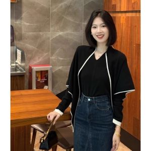YUEZHONGWEI | Atmospheric Early Spring Contrast Color Knitted Sweater and Poncho Set 2 Pieces