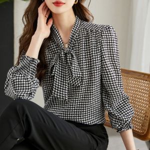 Autumn Winter Plaid Butterfly Knot Chiffon Shirt Women Spring Autumn New Fashion Maturity Long Sleeve Top Sweet Style Straight Cut Bubble Sleeve