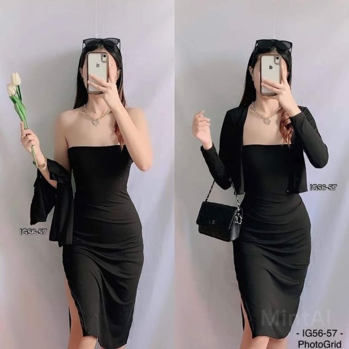 Alina Tube Midi Dress With Slit And Cardigan 2 in 1 Lazada PH