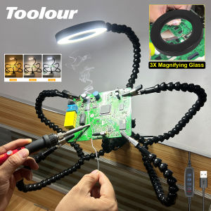 Toolour Helping Hands Soldering Third Hand Tools 5 Flexible Arms With Adjustable Table Clamp 3X LED Magnifier PCB Holder Tool