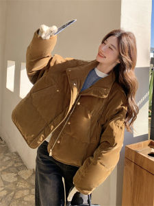 Caramel Velvet down Jacket Womens Winter Fashion Korean Style Unique Design Thickened Long Sleeve Zipper Closure Short Coat
