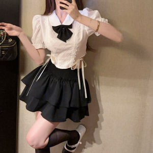 GUZILIAN | Elegant Waist-Cinching Shirt And Skirt Set With Lace Paneling And Pleating Short Sleeve Zipper Closure For Young Women