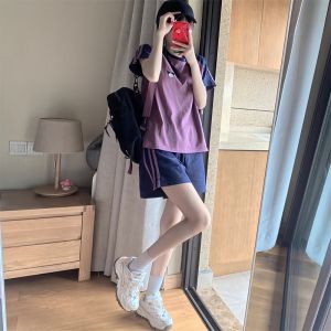 Womens Pure Cotton Sportswear Set Summer Short Sleeve Loose Casual Two-Piece Running Dopamine Style Korean Version