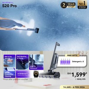 Narwal S20 Pro Wet Dry Vacuum | AI DirtSense™ | 20000Pa Suction | Tangle-Free | 63°C Hot Air Dry | Auto Detergent Mixing | 180° Flex Reach