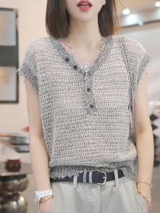 Shalldoer | Summer Thin Hollow V-neck Knitwear Short Sleeve Womens Fashion Versatile Top Korean Style Linen Material Regular Fit