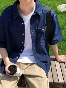 American Retro Pocket Denim Short Sleeve Shirt Mens Summer New Casual Loose Teenage Casual Shirt Classic Style Youth Trend