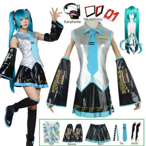 Miku Cosplay Full Set Silver Leather Fabric Suit Miku Cosplay Headwear Costume Outfit JK Sailor Dress High School Uniform Hallow