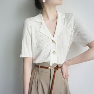 HUOLISI | Stylish Unique Loose Thin Ice Silk Knit Polo Collar Short Sleeve Blouse