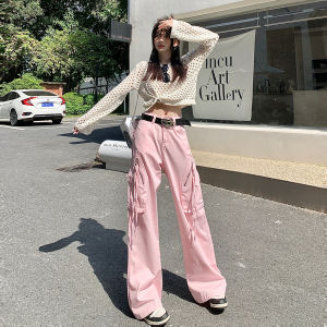 American Style Pink Multi-Pocket Work Pants Womens Retro Sweet Spicy Slim High Waist Casual Hot Girl Design Wide Leg Pants