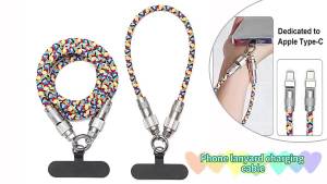 2 in 1 Lanyard + Cable 100W Fast Charging Data Transfer Cable Type-C Apple Lightning PD USB Charger Sync Wire Thicker Copper Nylon Braided Iphone Ipad