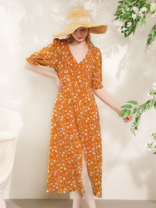 Miccbeirn | Summer Heavyweight Mulberry Silk Floral Print Slimming Vacation Style Knee-Length Dress Beach V-Neck Shirt Dress Women