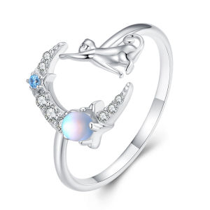 BAMOER 925 Sterling Silver Cat and Moon Cute Animal Opening Ring Moonstone Adjustable Ring for Women Birthday Gift BSR315