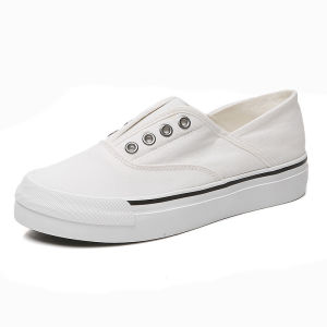 White Breathable Canvas Shoes Womens Slip-On Versatile Nurse Shoes Low Cut round Toe Thick Bottom Rubber Sole Korean Style
