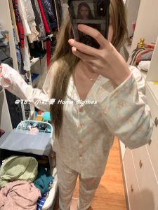 New Arrival Ins Cartoon Stripes Cat Pajamas Female Korean Style Sweet Student Long Sleeve Cardigan Thin Homewear Suit