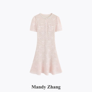Elegant Bow Beaded Embroidered Knit Dress