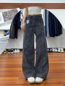 High Waist Printed American Style Work Pants Womens Loose Fit Denim Jeans Casual Cotton Trousers for Autumn Season